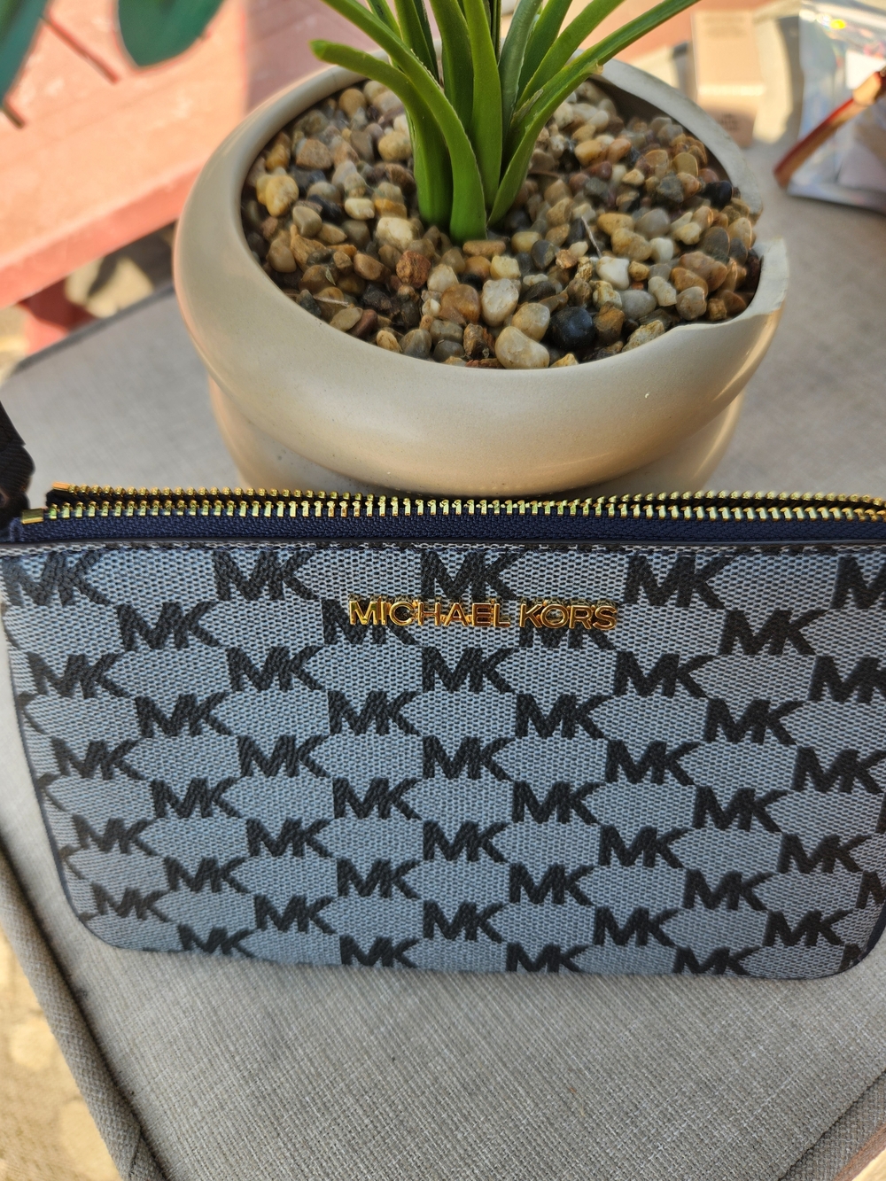 Michael Kors Gray and Navy Blue MK Logo Zip Wristlet with Gold Hardware Like New
